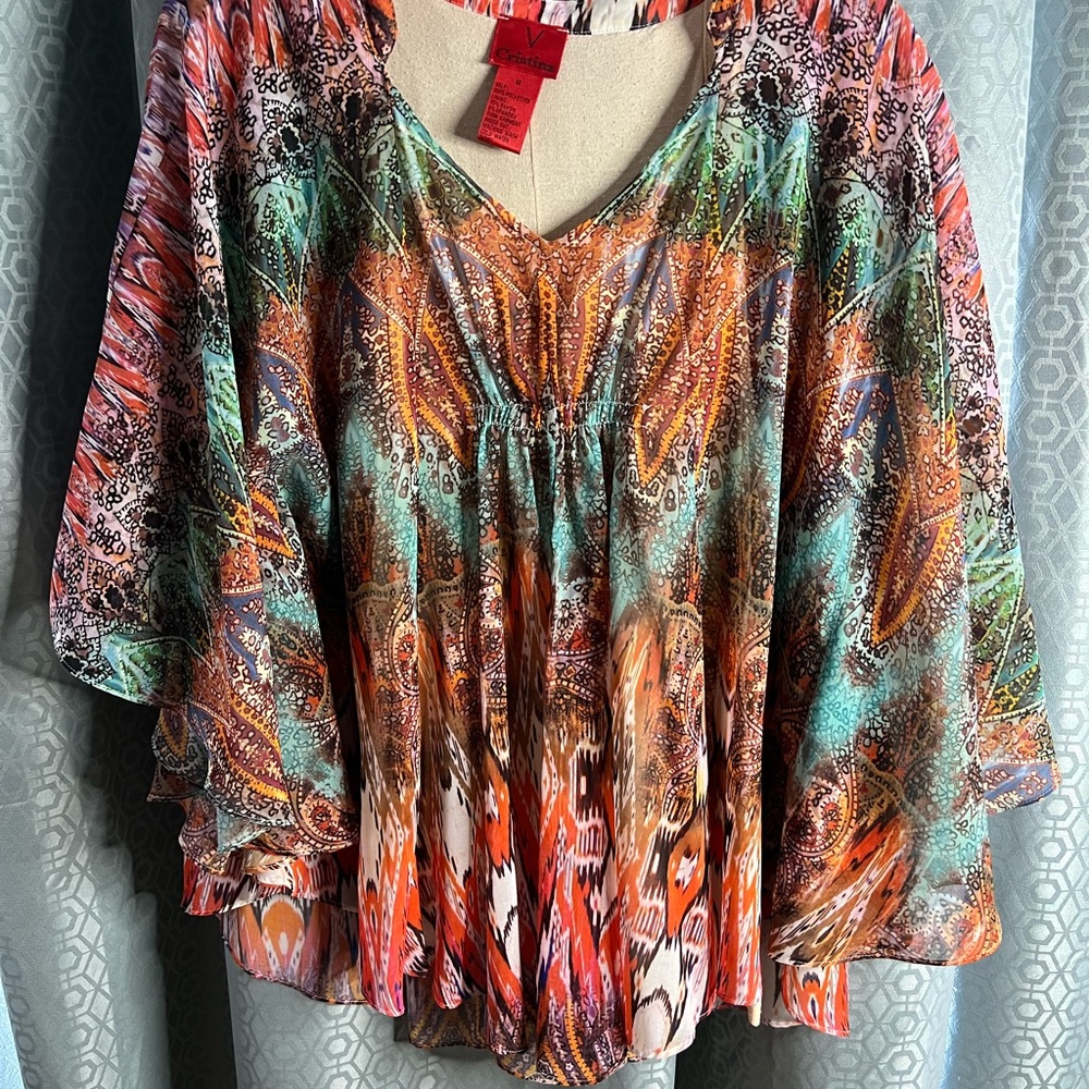 V Cristina Sheer Cape Blouse size Medium in shades of orange and turquoise